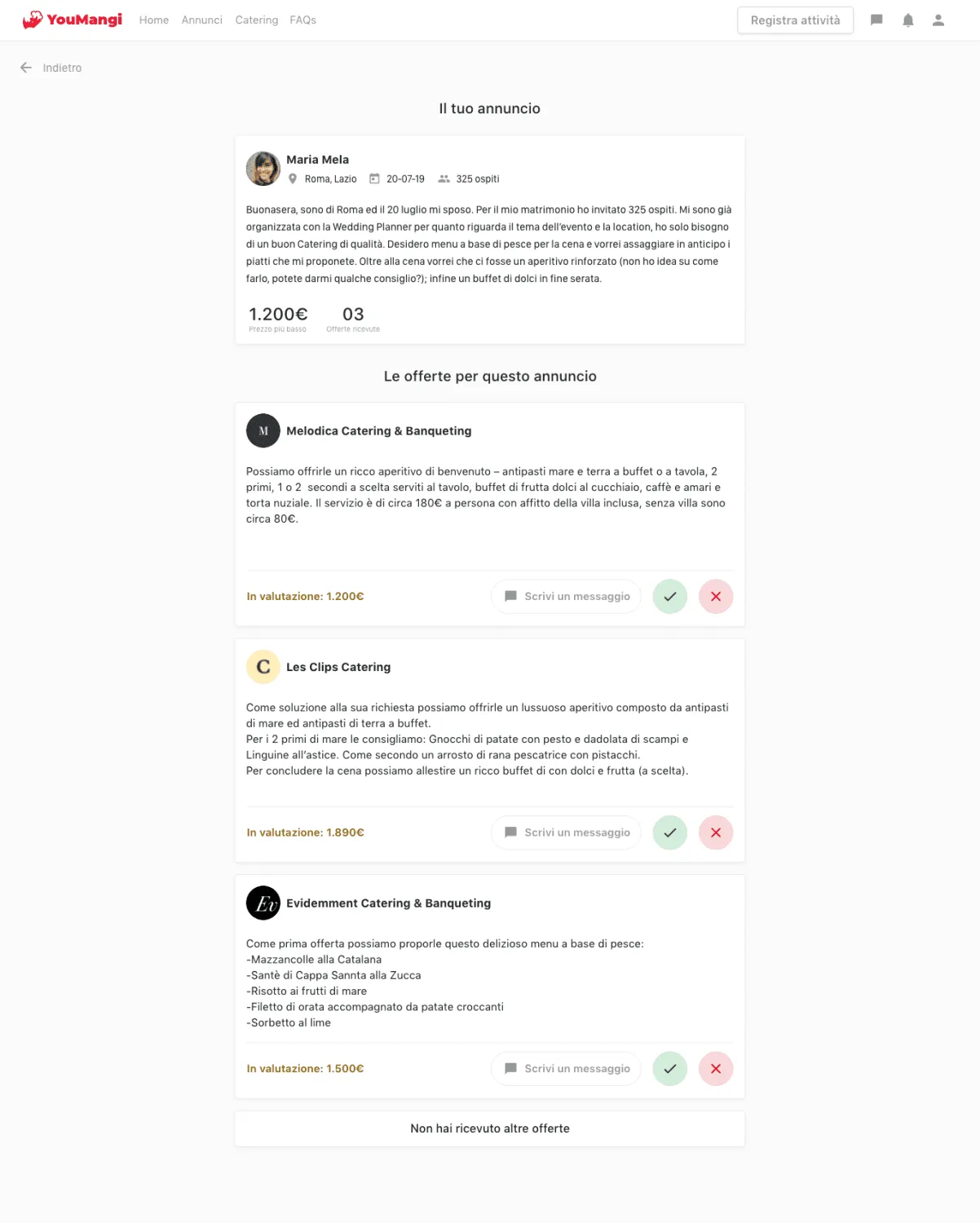 Design della pagina di gestione offerte